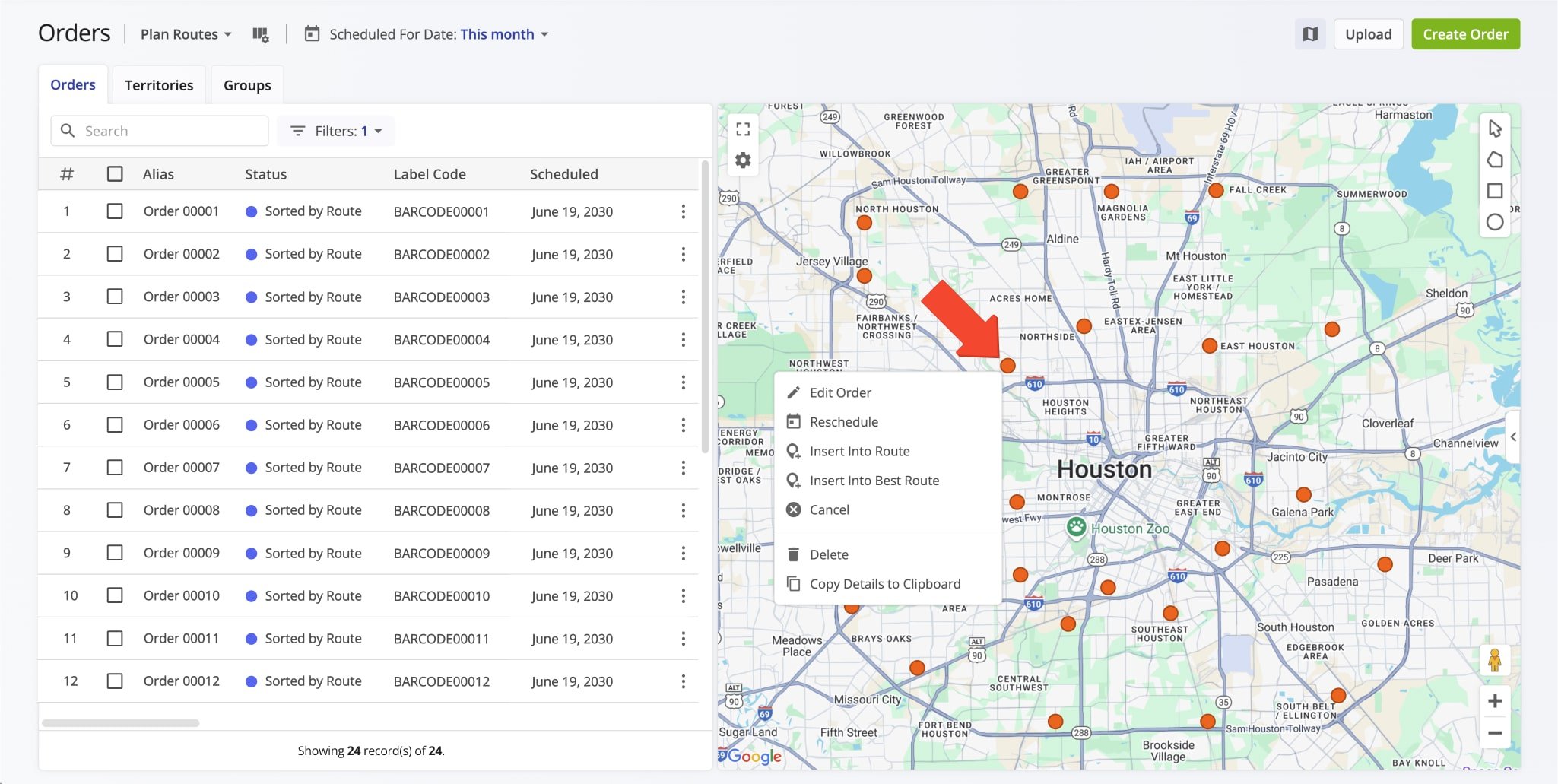 Right-click orders on the Orders Map to access order management options.