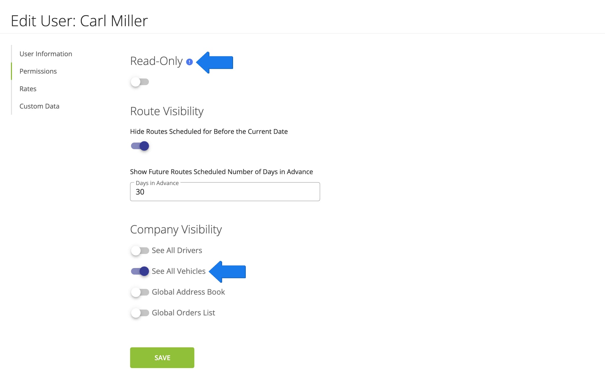 Read-Only and Company Visibility vehicle permissions settings.