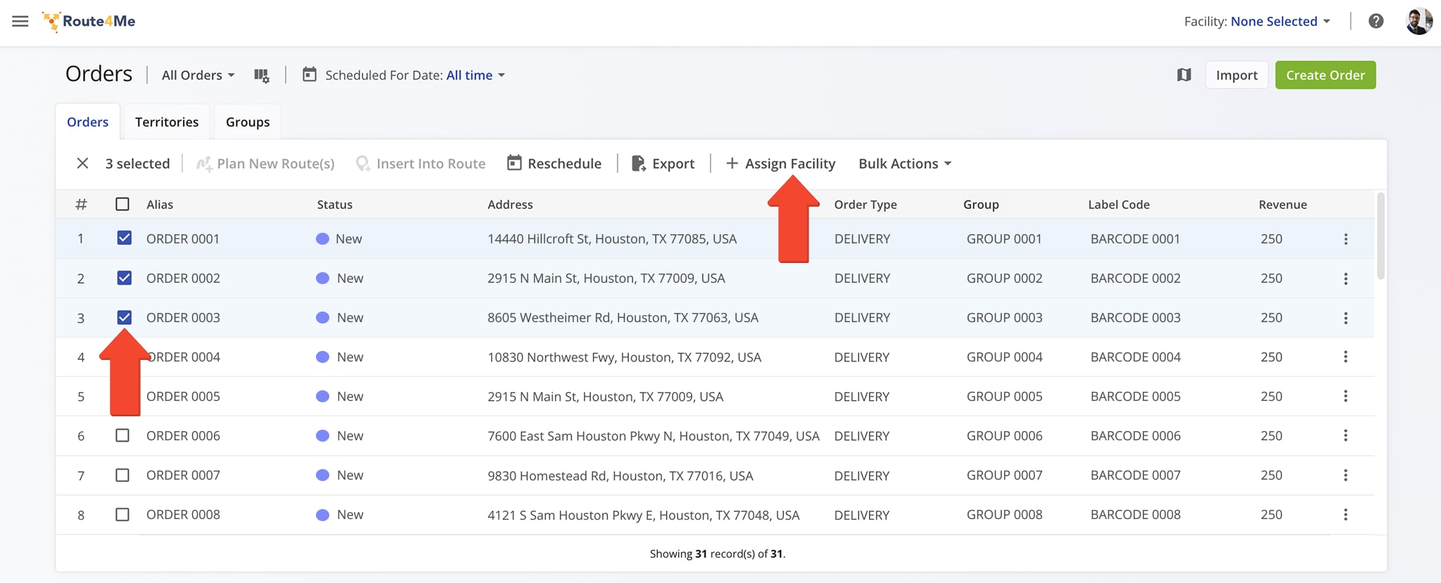 Assign a facility to multiple orders at once.