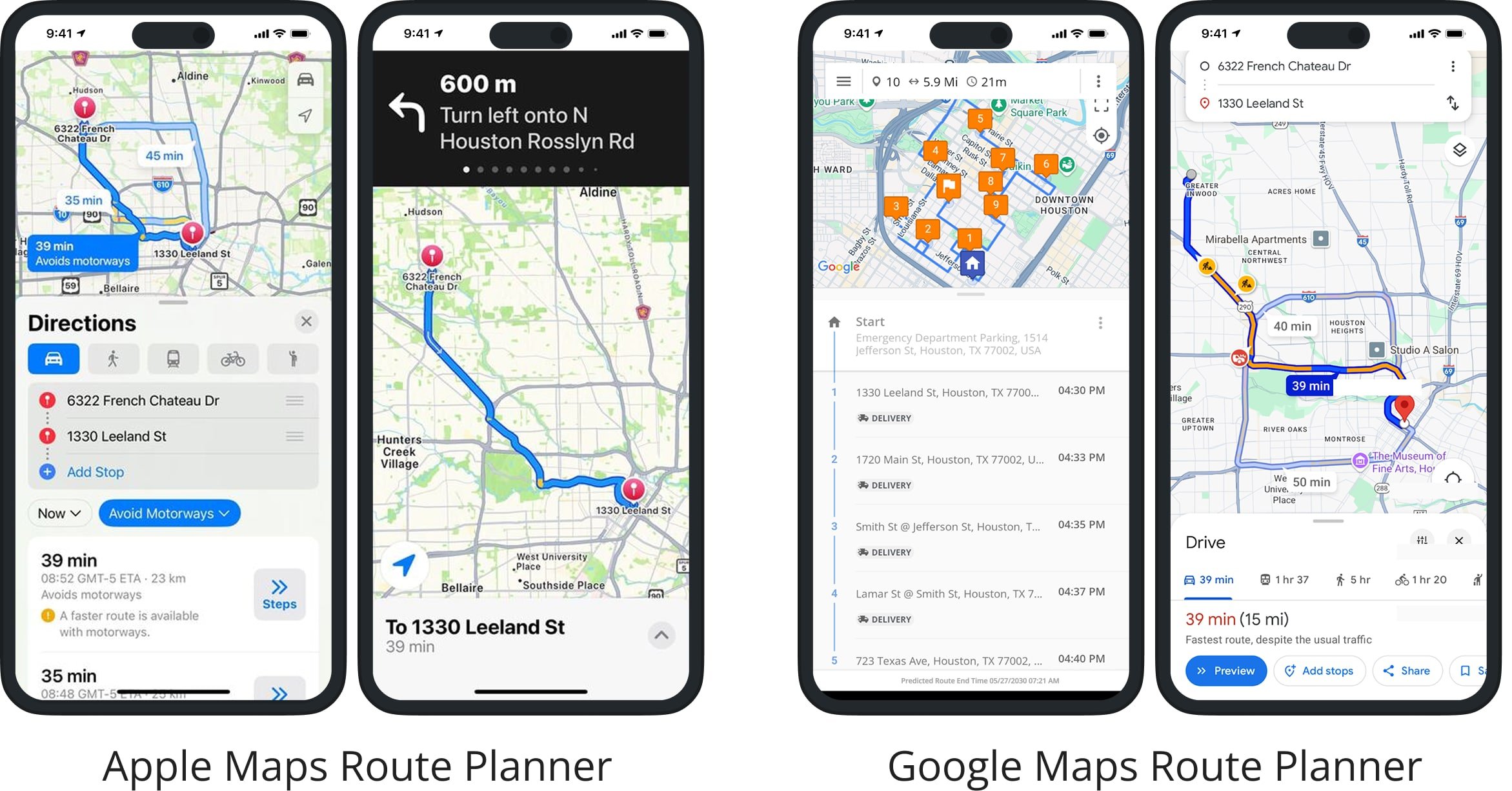 Apple Maps route planner vs Google Maps route planner app for route optimization and navigation.