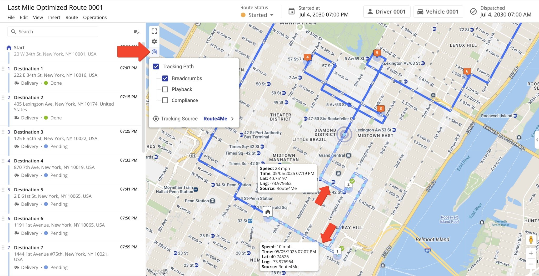 Route4Me GPS Tracking Path and location update Breadcrumbs show the user's actual travel path and synched location data on routes.