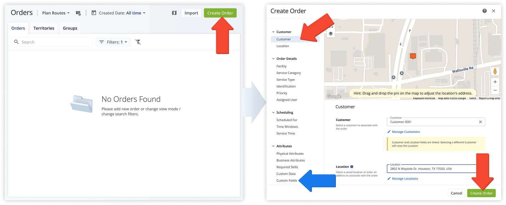 When you manually add customized orders in the Orders List, you can adjust order details such as address, scheduled for date, order destination type, priority, and more.
