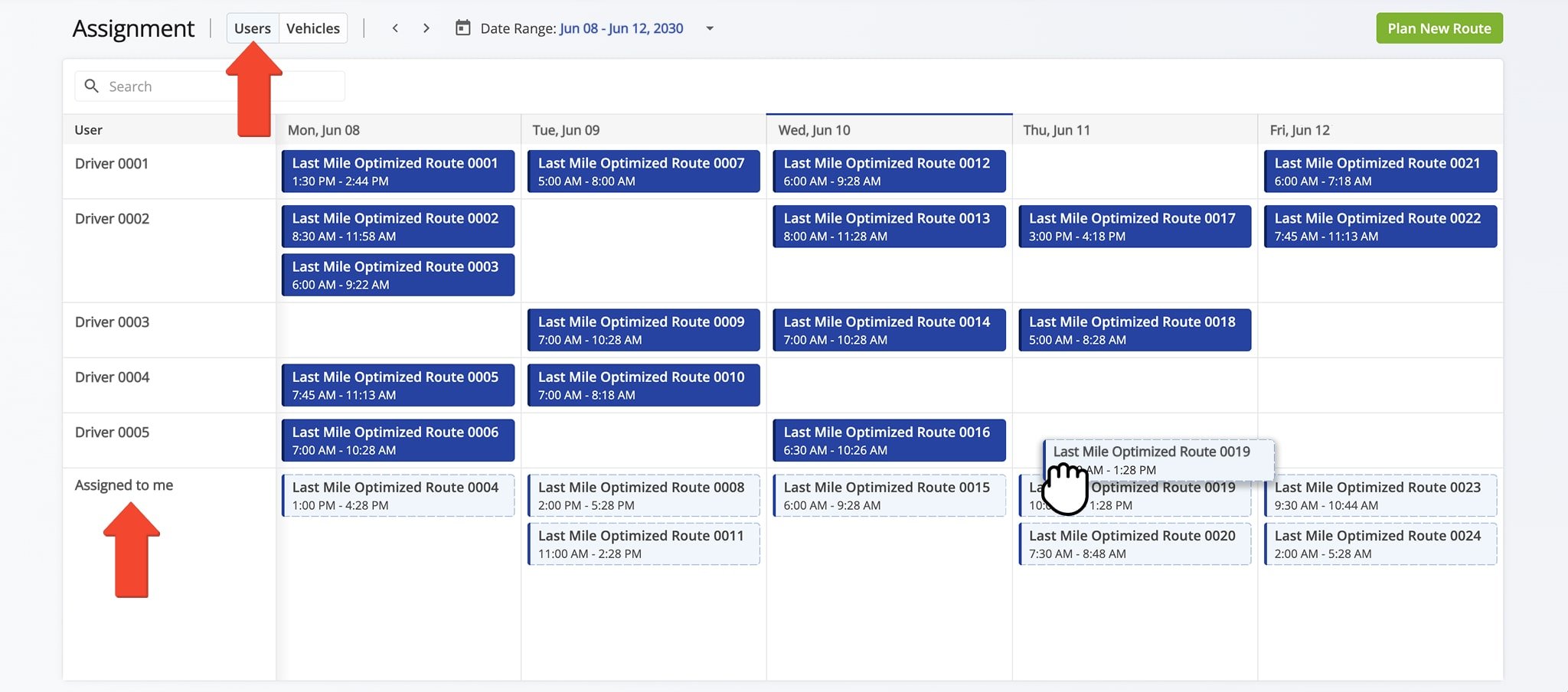To dispatch a route to a driver, use the Assignment Dashboard to drag and drop routes into a User’s schedule.