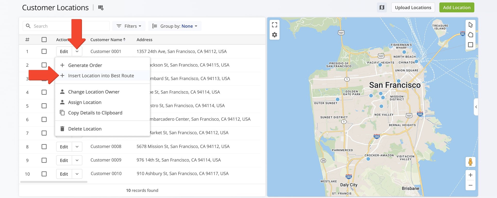 Insert locations into planned routes by selecting a route and choosing the optimal position for the new location.