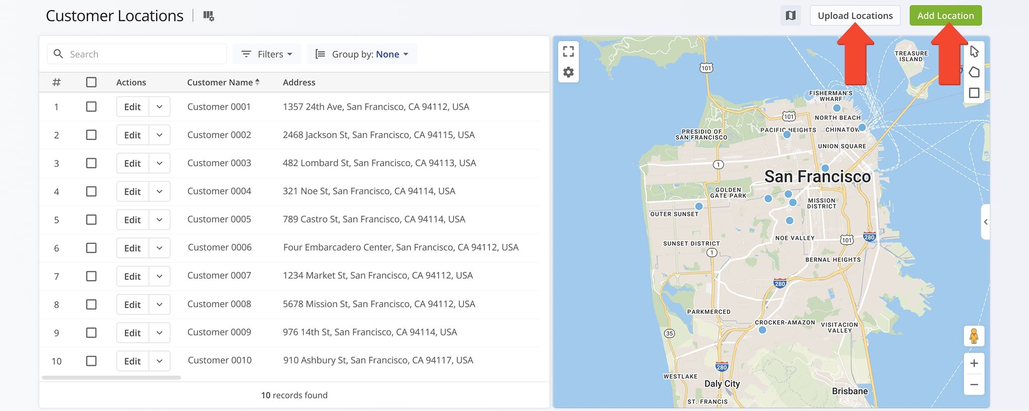 Click 'Customer Locations' to view all your Customer Locations and their data.