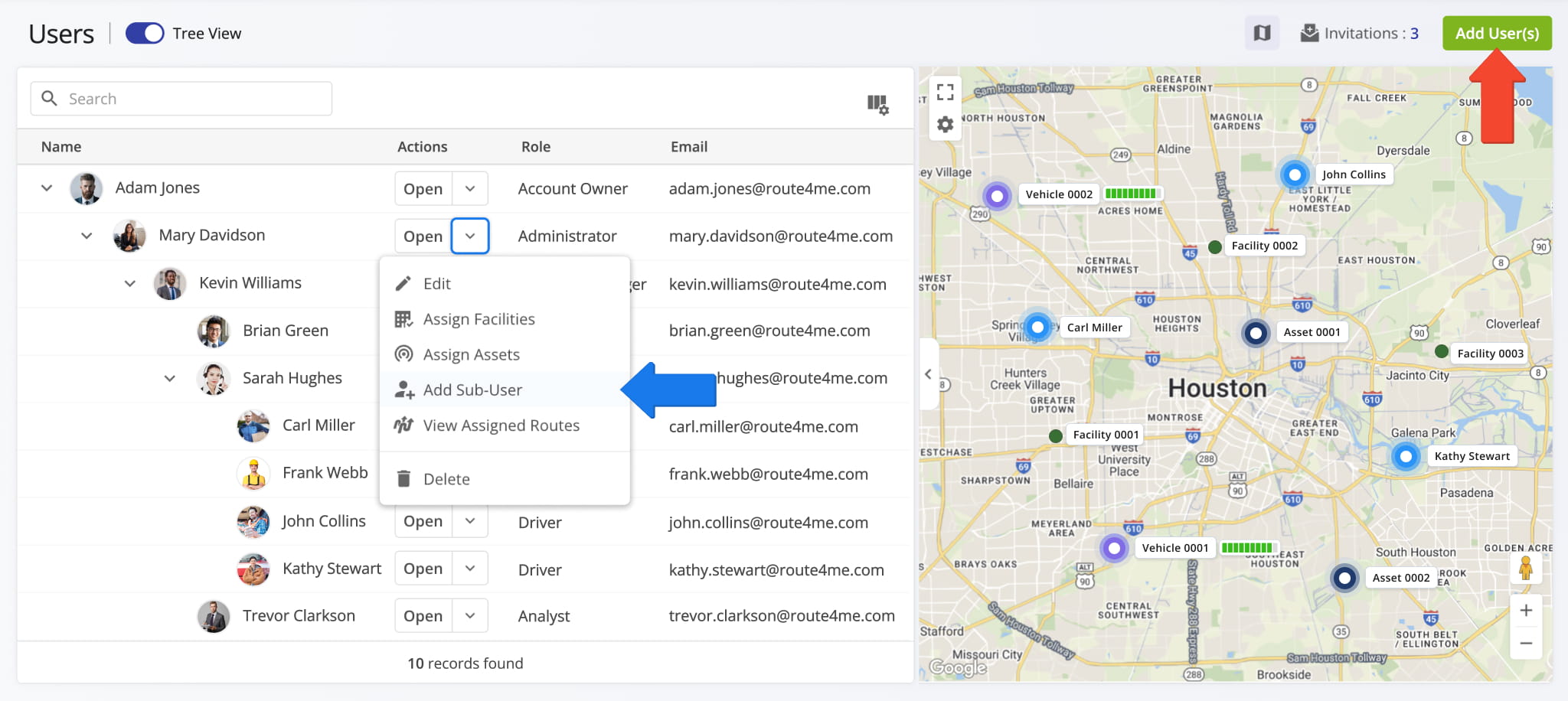 Add drivers, route planners, dispatchers, and other team members by creating user profiles.