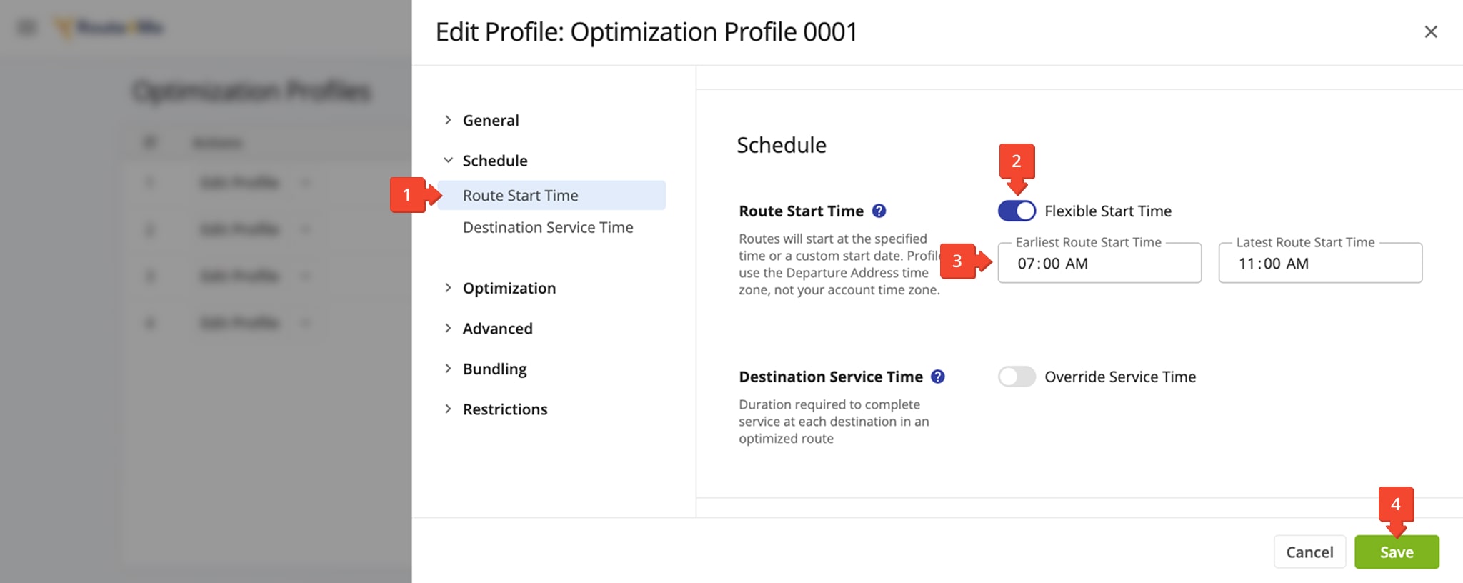 Adding Flexible Start Time in the Route Optimization Profile with the earliest and latest route start times.