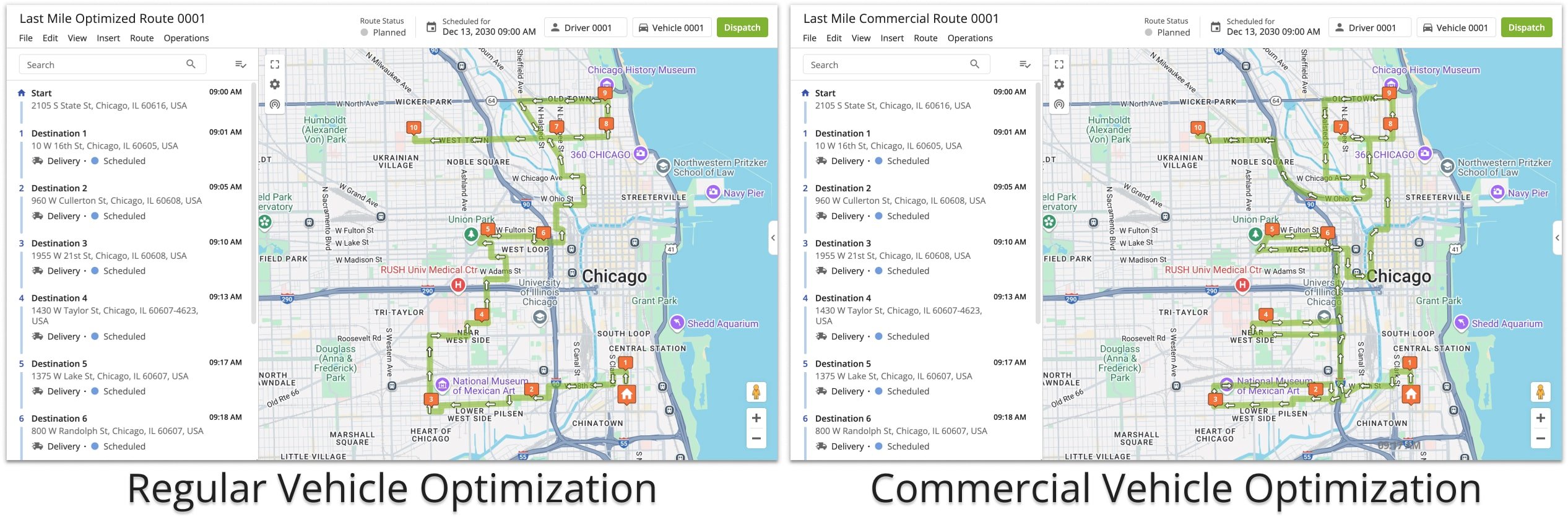 Since commercial routes must use only roads approved for commercial vehicles, their distances and travel times are typically significantly different from those of regular vehicle routes.