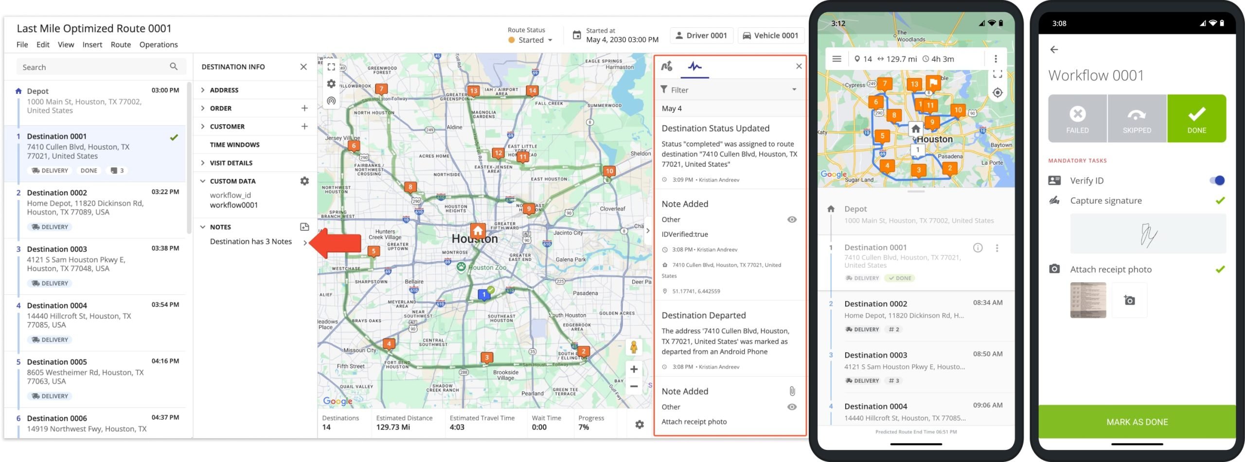 Driver completes required Workflow tasks to assign status to route stop and attach proof of visit, delivery, or service using the mobile app.