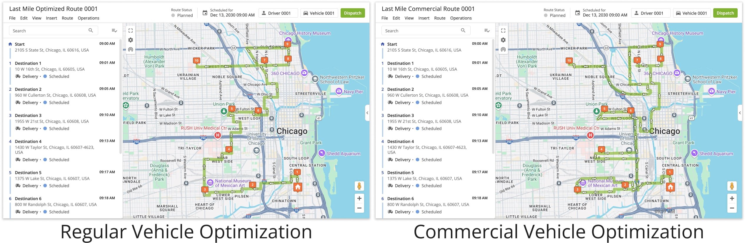 Since commercial routes must use only roads approved for commercial vehicles, their distances and travel times are typically significantly different from those of regular vehicle routes.