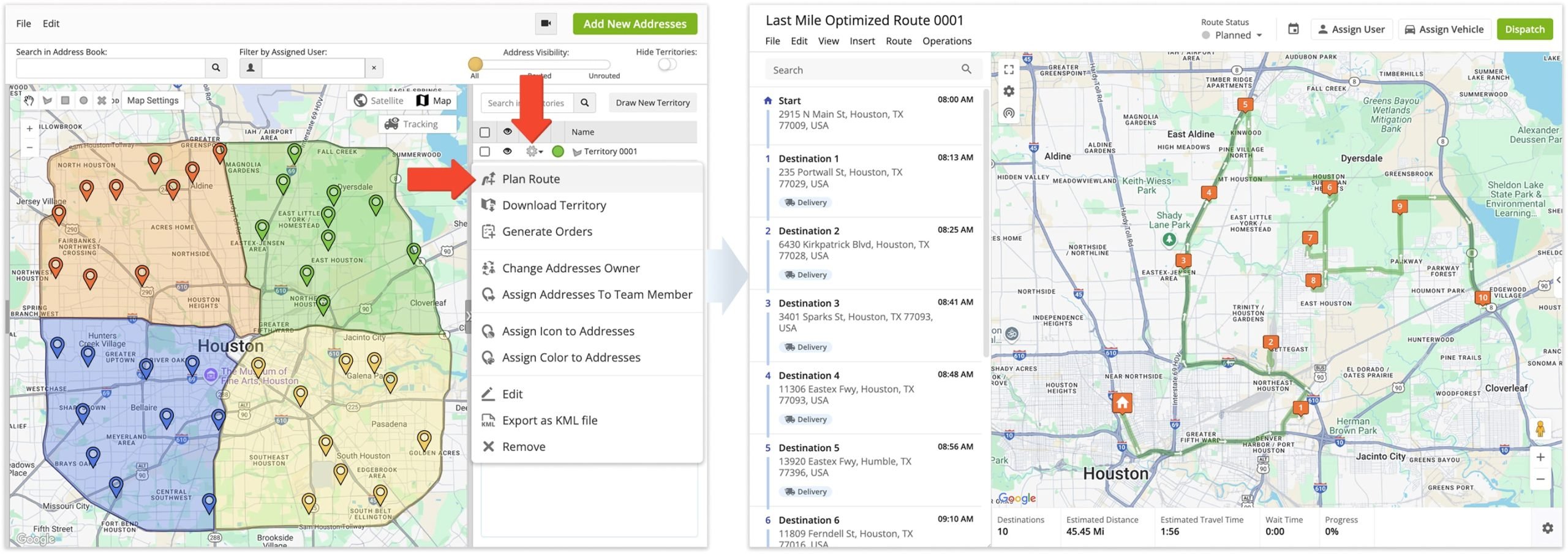 To plan a route with a Territory from the Address book Map, simply click the Gear Icon next to the preferred Territory in the Territory Panel and select 'Plan Route' from the menu.