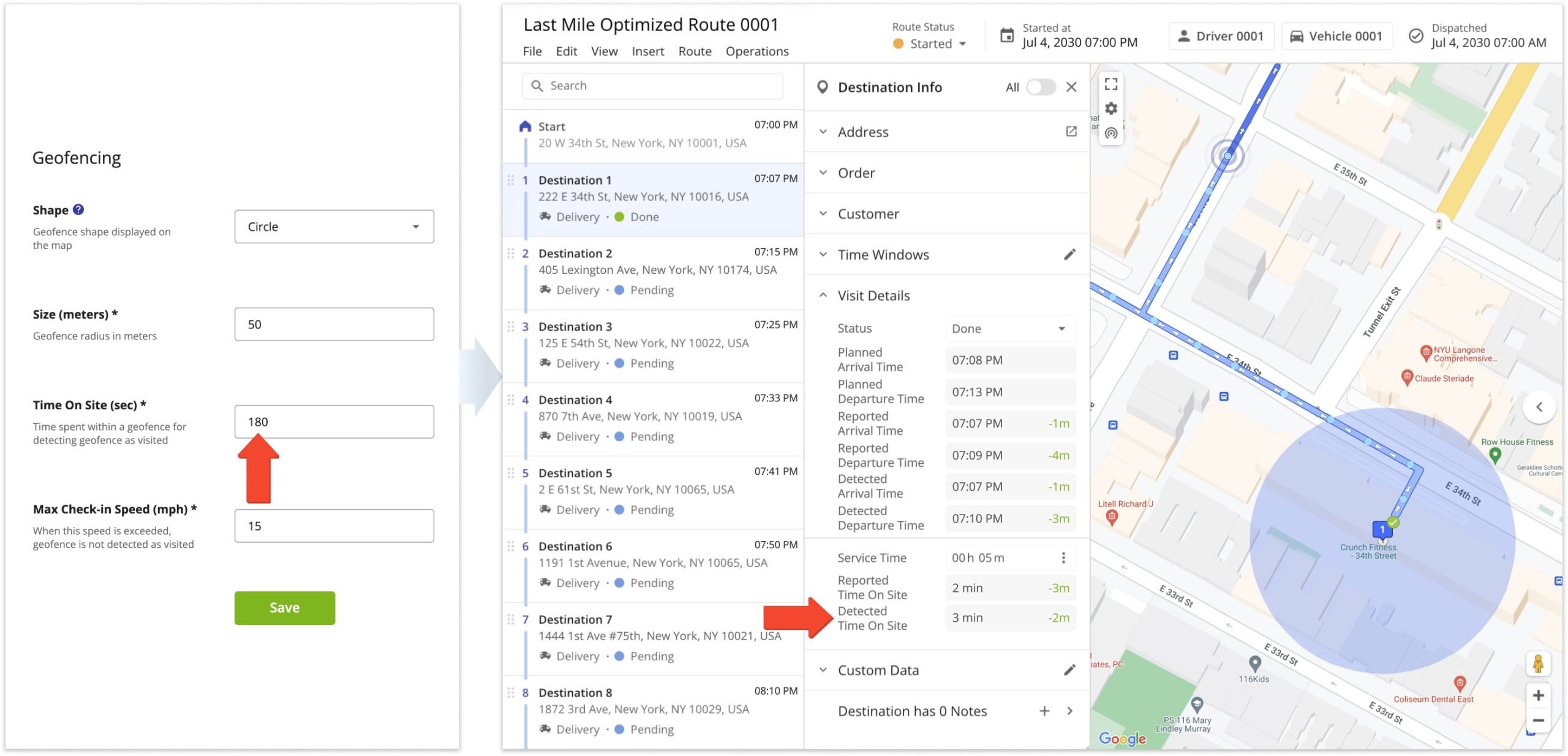 Depending on the specifics of your routing operations and customer destinations, you may need smaller or larger geofences.