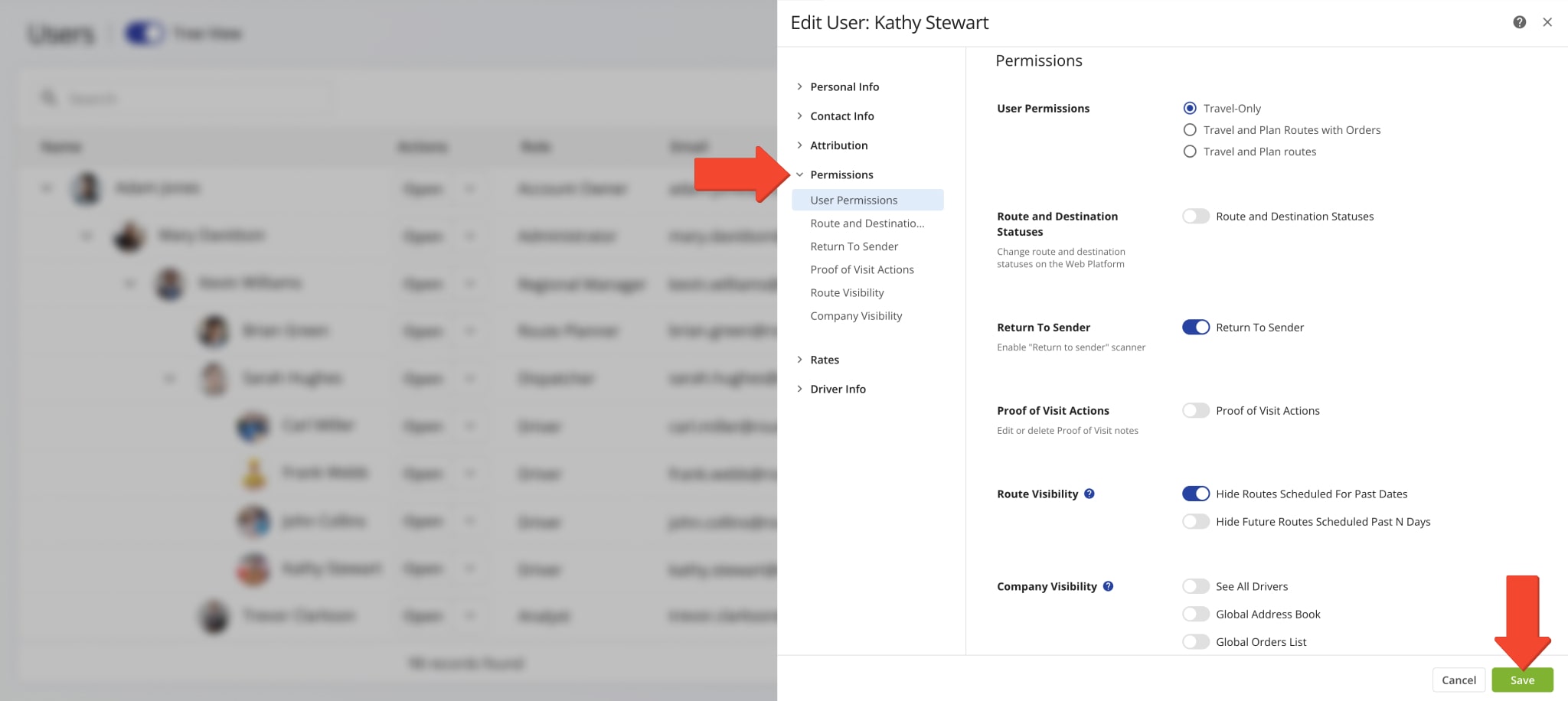 Drivers, route planners, etc., account level user permissions for route, team, vehicle, and order visibility and editing.