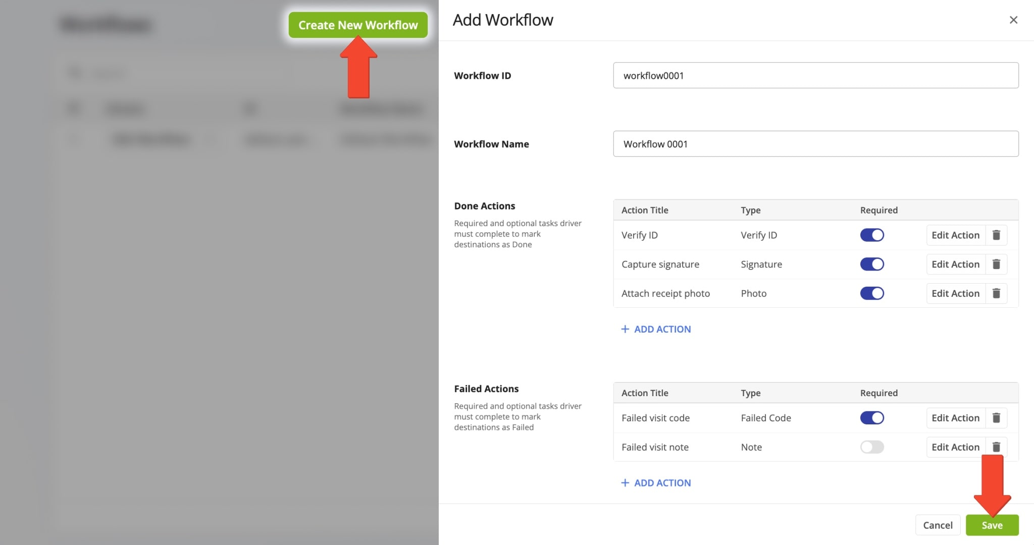 Adding Workflow Name and Workflow ID for managing and adding Workflow tasks and actions to route stops for mobile drivers.