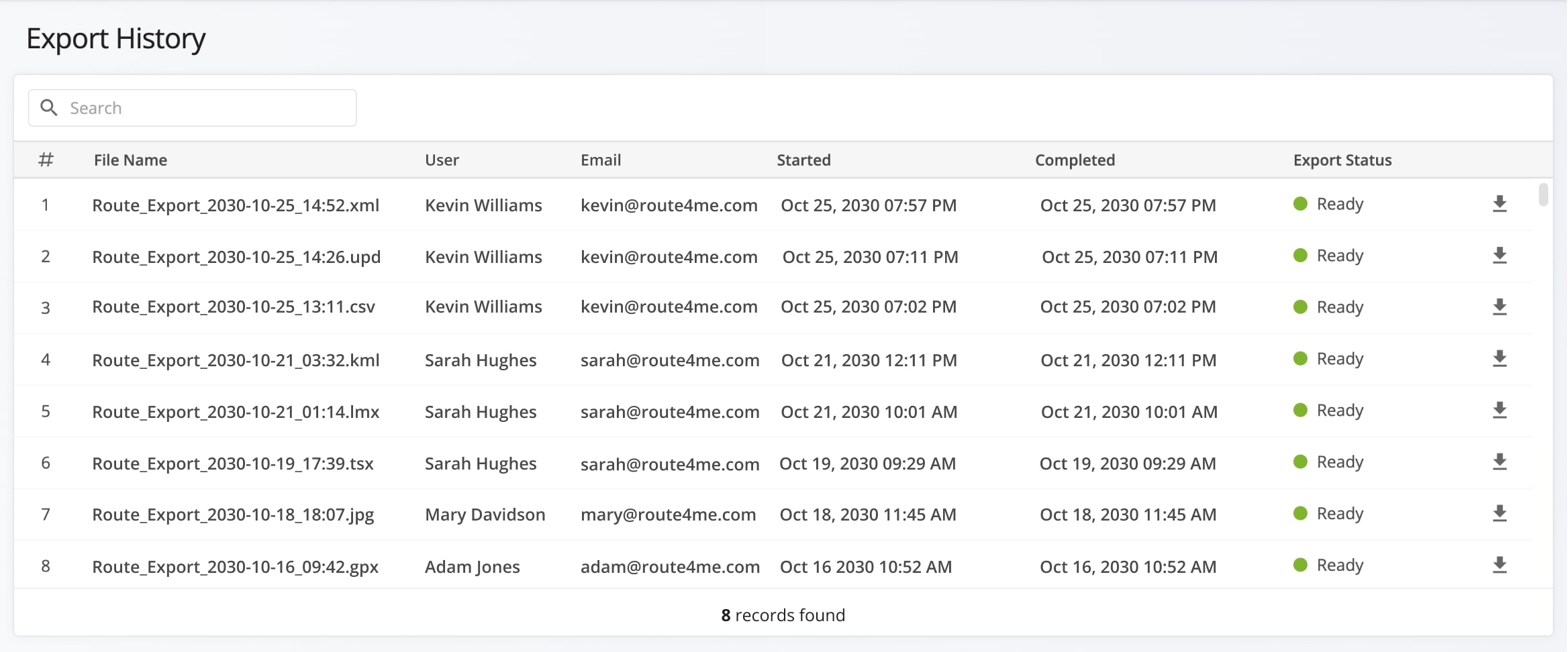 When you export route data, the files are automatically saved in your Export History.