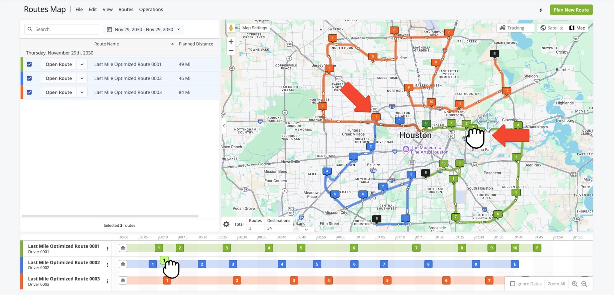 Drag a destination on the Routes Map to reposition it within the same route or move it to a different route.