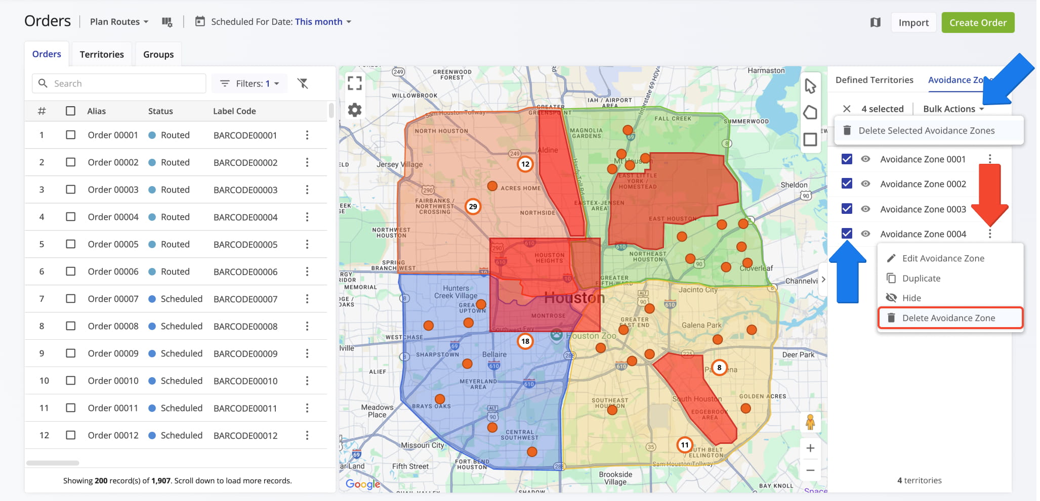Edit, manage, and delete Avoidance Zones directly from the Orders Map.
