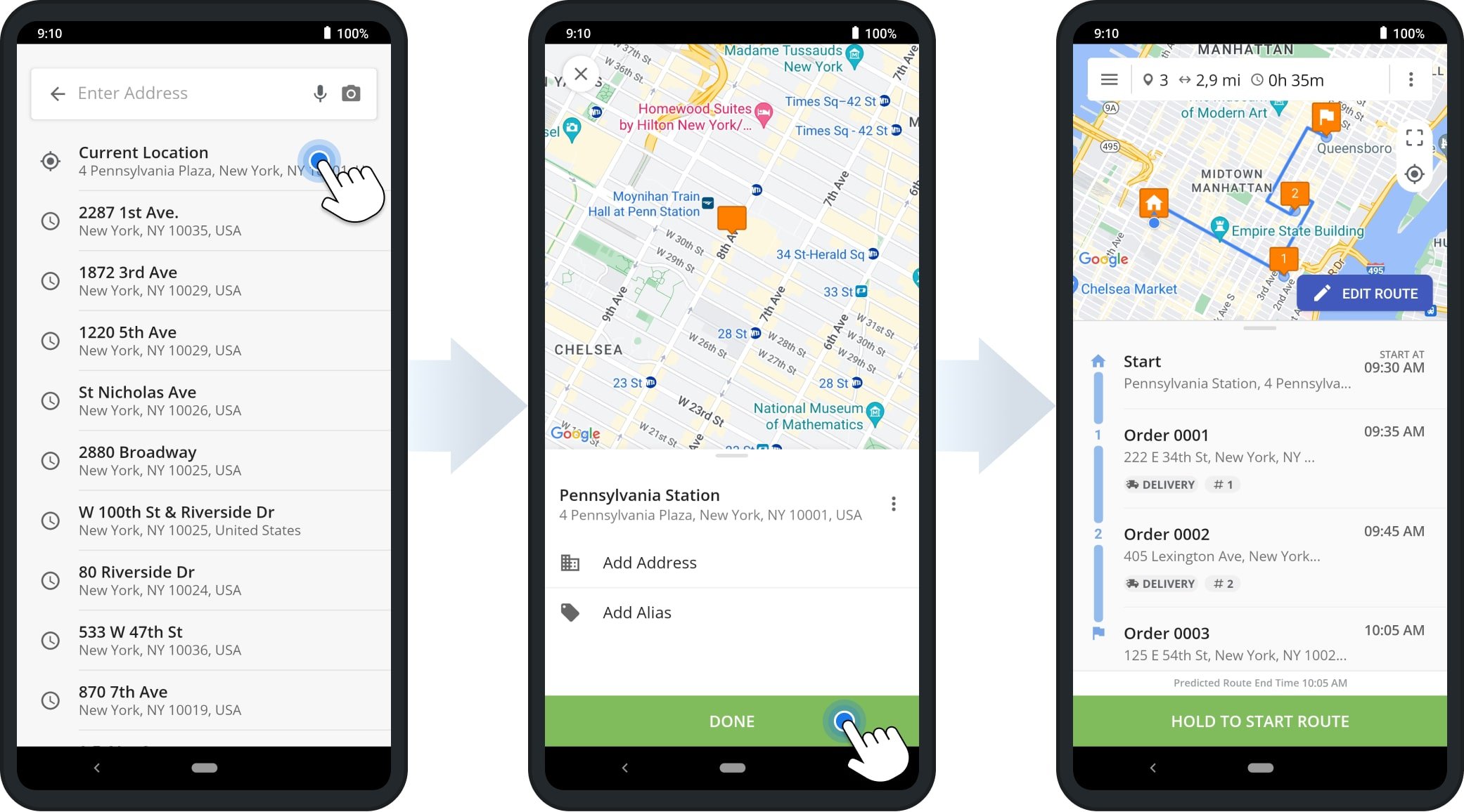 Select a start location for your new last mile order route. You can pick your current location from the top of the list. After you select a route start, the app will optimize the best possible route sequence according to your specified settings.