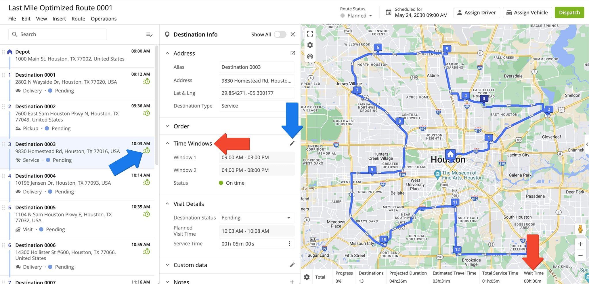 Time Windows details in the last mile route stop manifest in the Route4Me Route Editor tool.