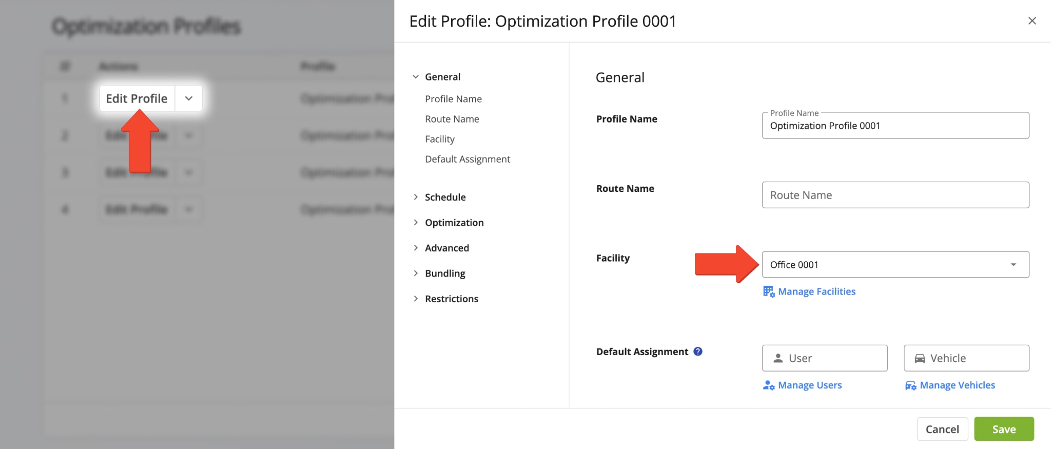 Add Facilities to Optimization Profiles to plan final mile routes with associated Facilities.