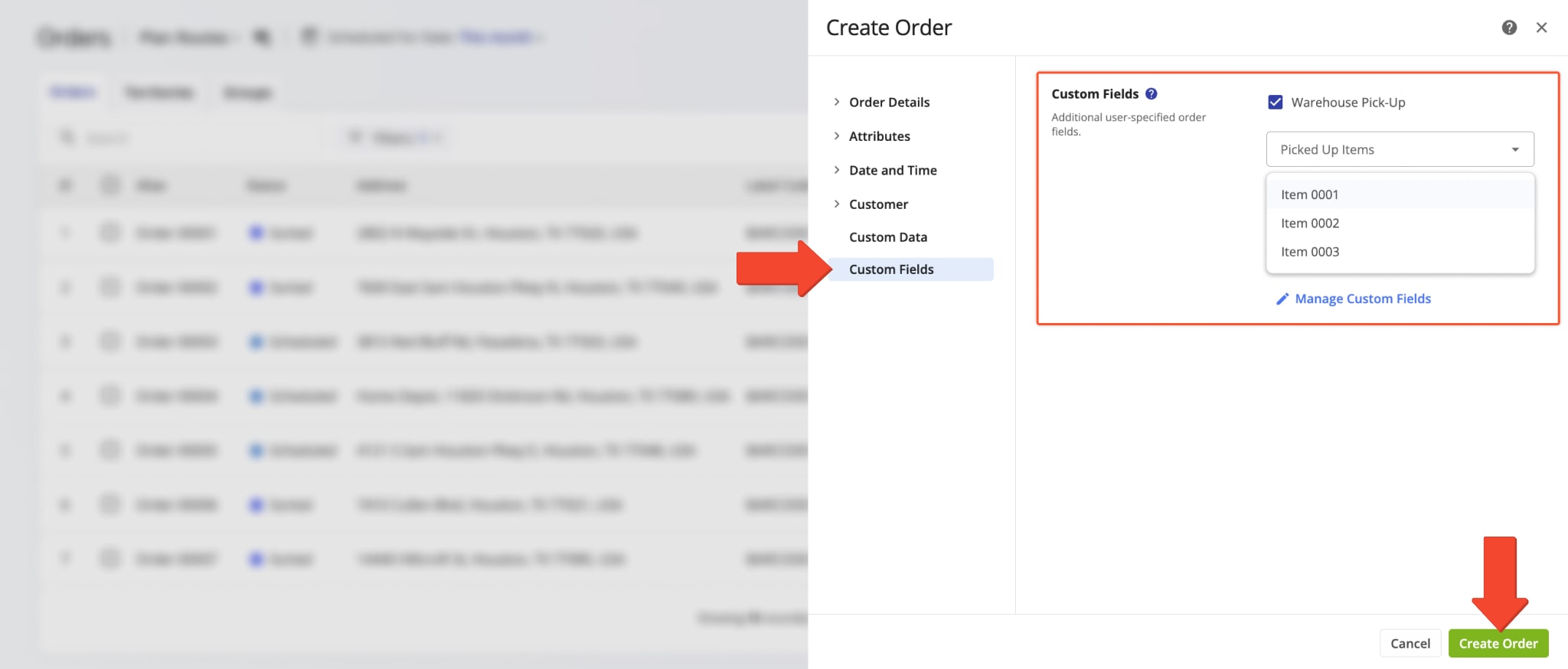 When creating a new or editing an existing order, go to the Custom Fields tab. There, you can see and use all available Custom Order Statuses.