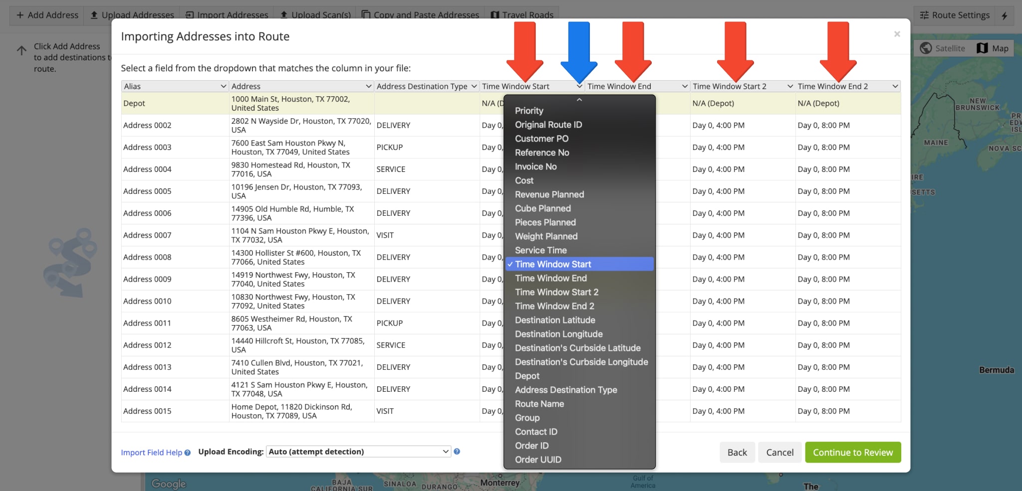 Verify route addresses and customer Time Windows in the uploaded spreadsheet.