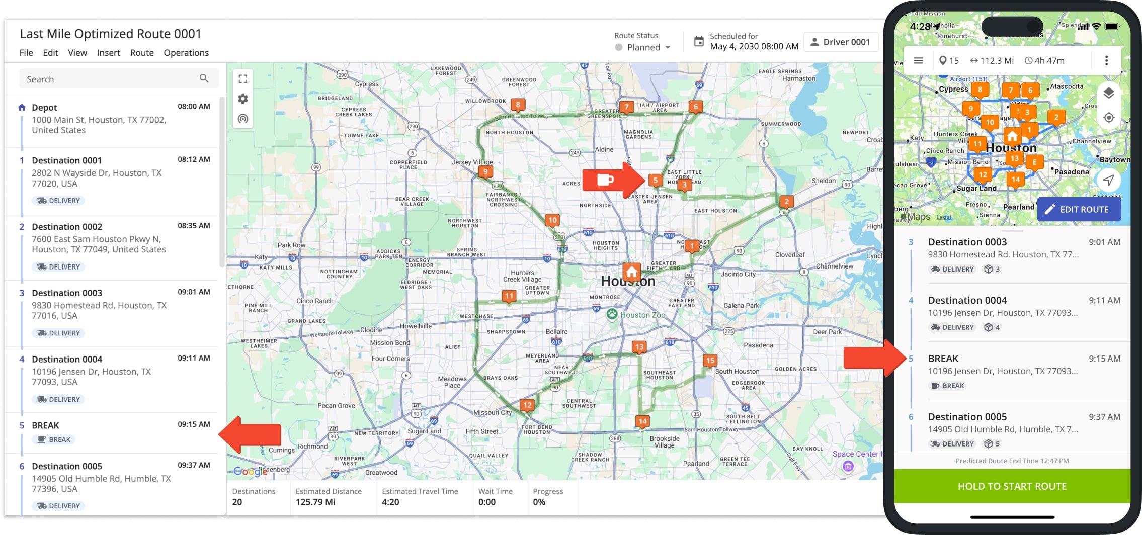 Drivers can open dispatched routes with Driver Breaks using Route4Me's Route Planning Driver apps.