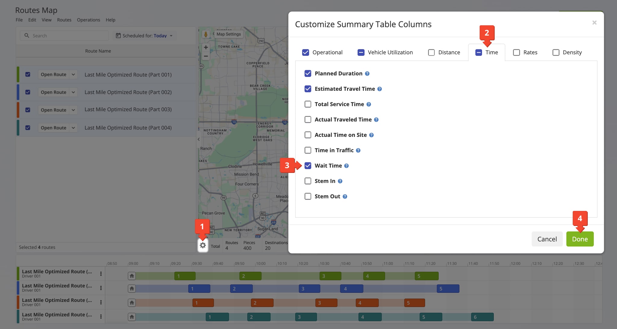 In the Route Summary Table with aggregated route metrics, you can enable and check the total Wait Time on all displayed routes.