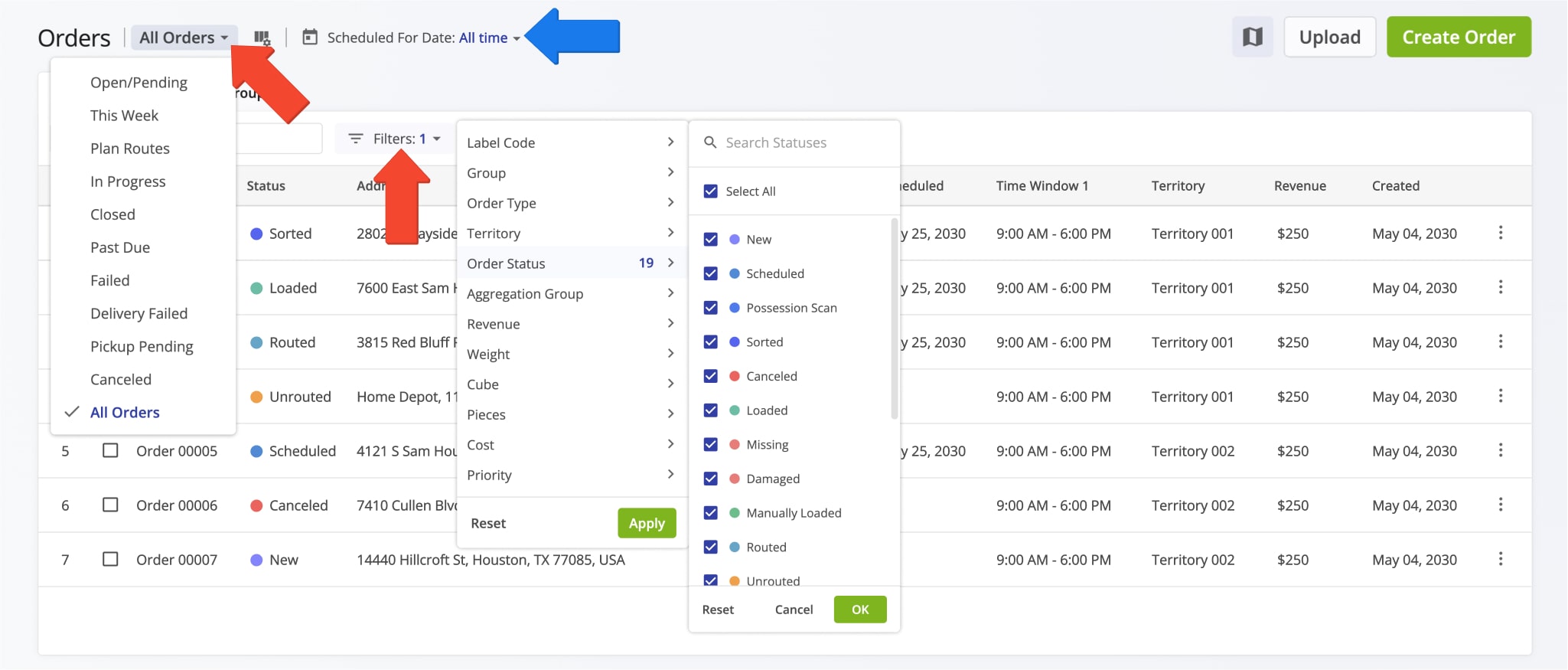 Orders List View Modes group order statuses by their purpose and application.