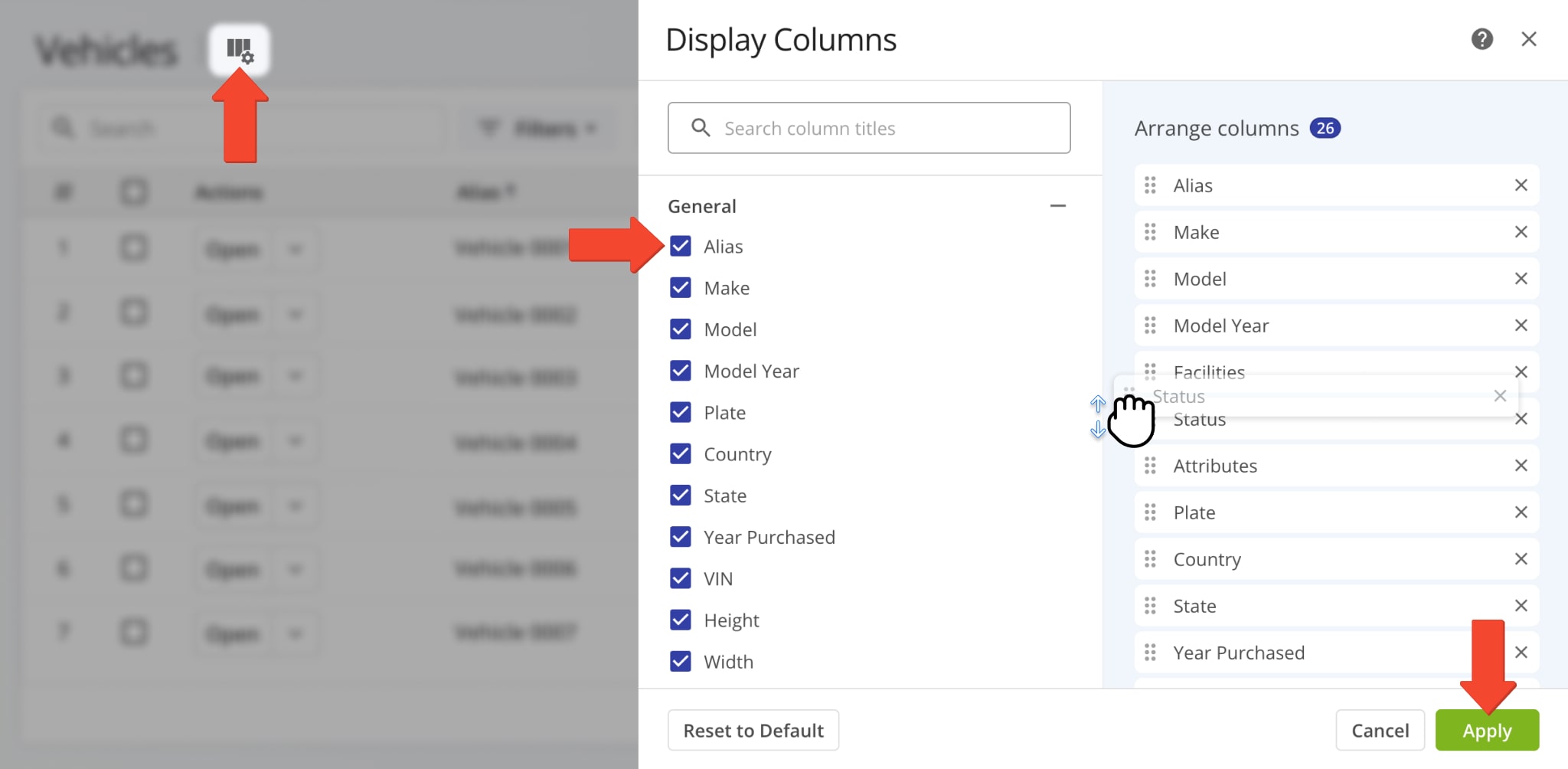 Customize vehicle data display columns on your Route4Me Vehicles Page.
