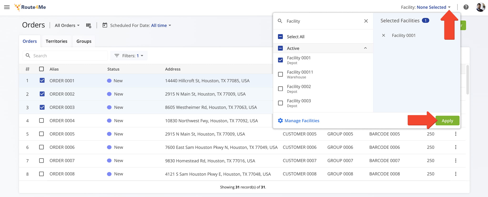 Right click an order to assign a facility to it.