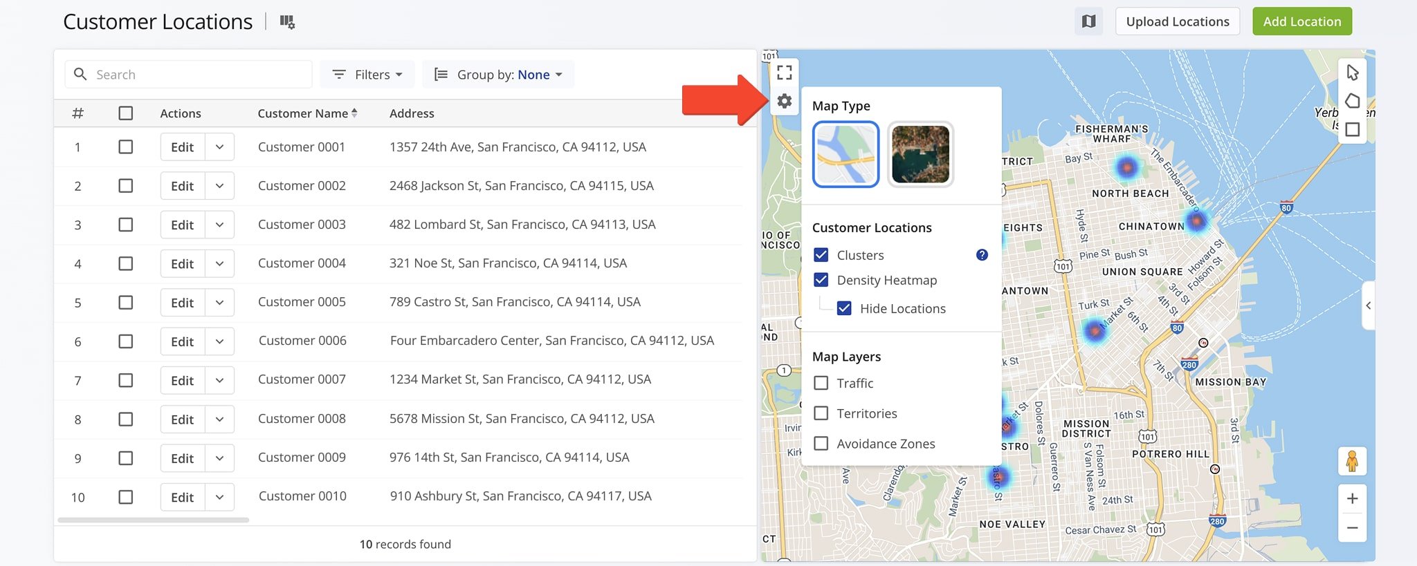 Click the Gear Icon to adjust map settings, including clusters for under 1,000 locations and Heatmap display with optional pin visibility.