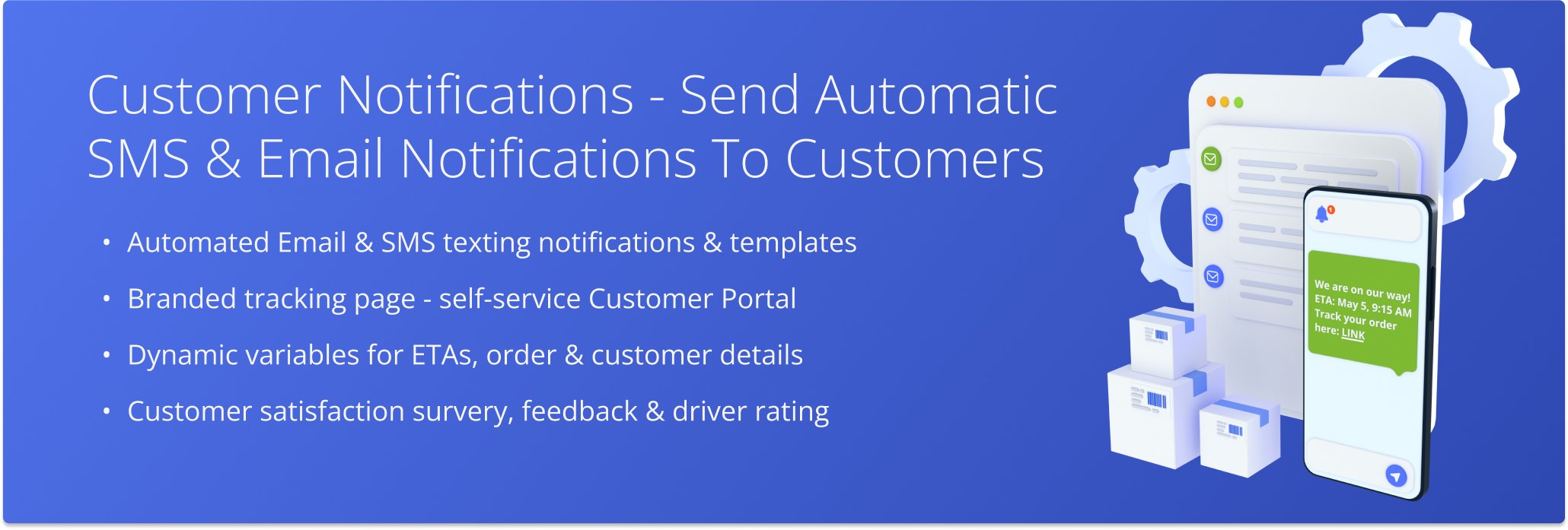 Enable and adjust settings for automated Email and SMS texting notifications. Create customer notification templates, learn about customer order tracking portal, notification types, and more.