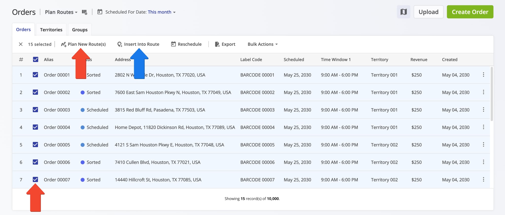 Select the orders you want to route by checking the boxes next to them. After that, click the 'Plan New Route(s)' button to plan a route with the selected orders.