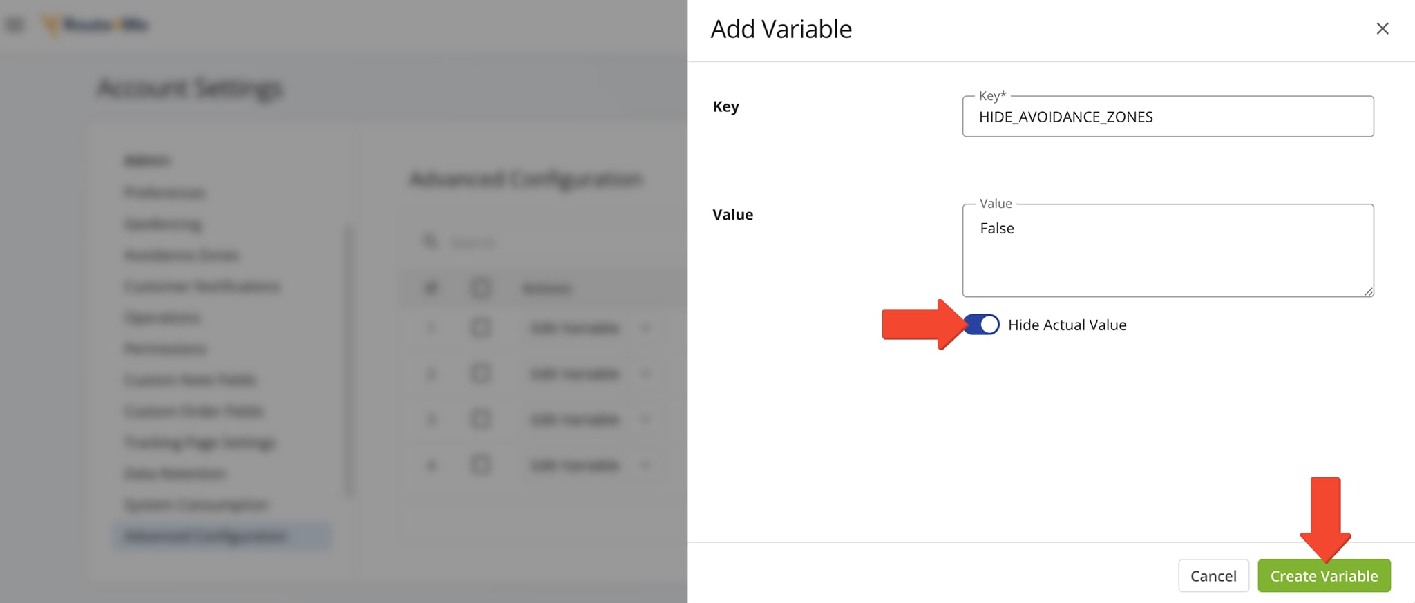 Add advanced configuration Key and Value to enable or disable the configuration for the Route4Me route planning account.