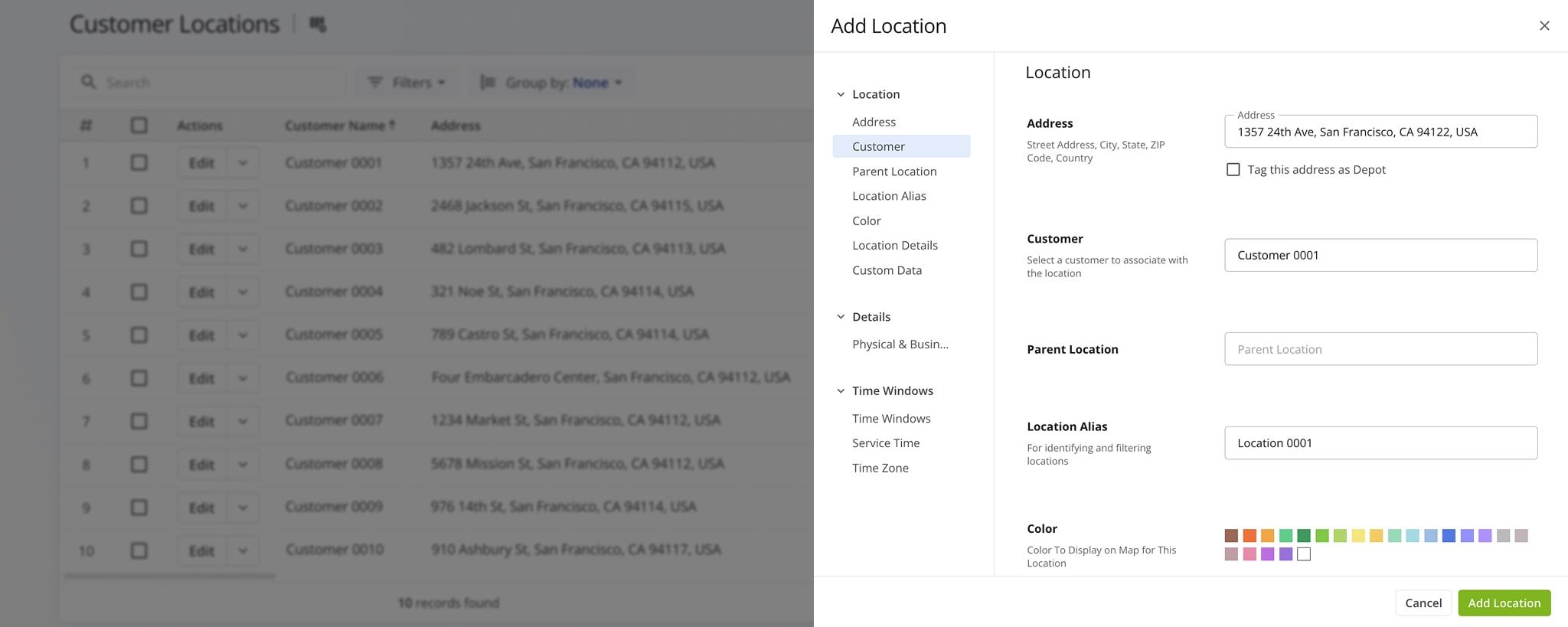 In the 'Add Locations' panel, enter the requested data in each field and click the 'Add Location' button to finalize.