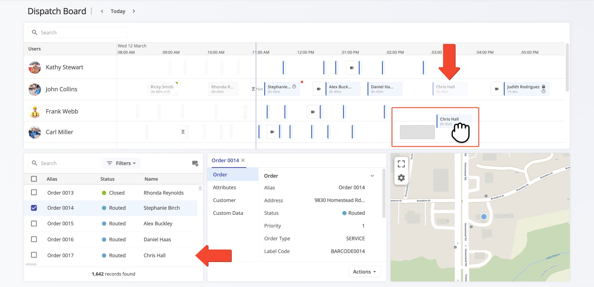 Dispatching Orders is easy with the Dispatch Dashboard. Just click and drag an Order from the Orders List to the Timeline of the User you want to assign it to.
