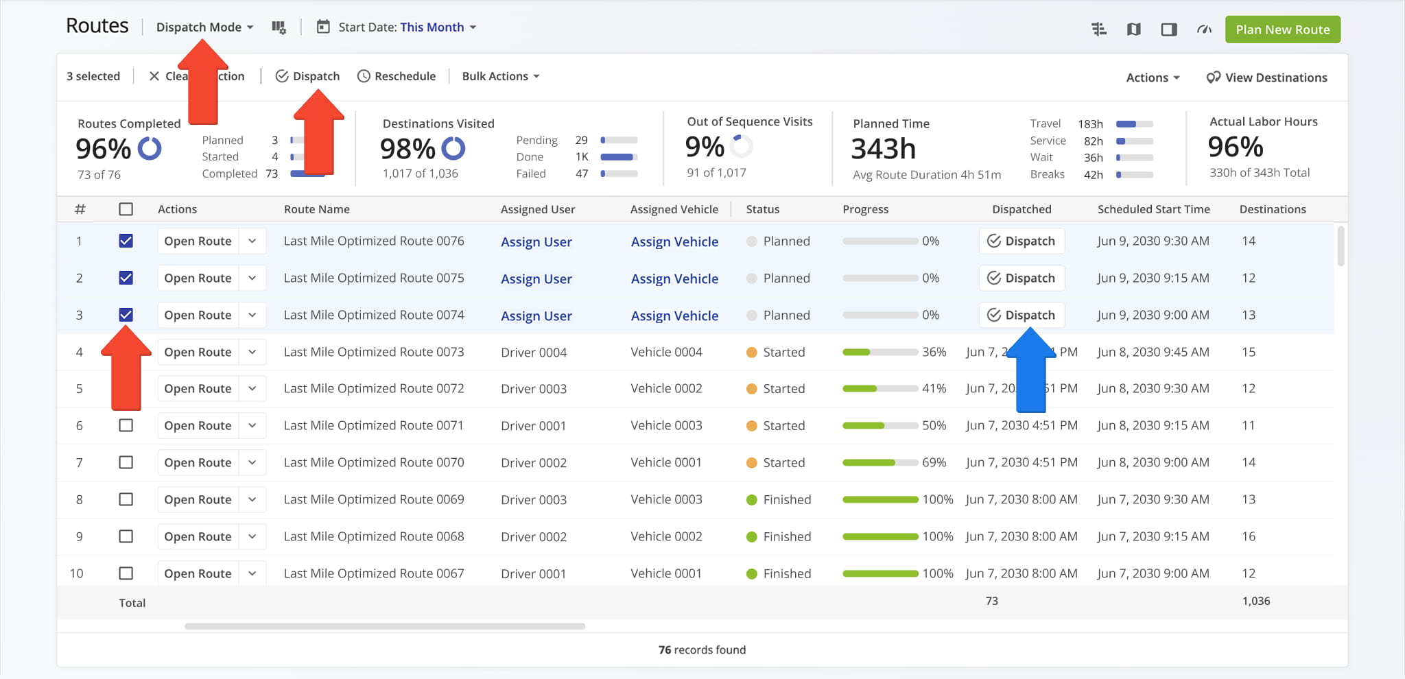 Dispatch routes to customers to send automatic notifications about order status directly from your Route4Me Routes List.