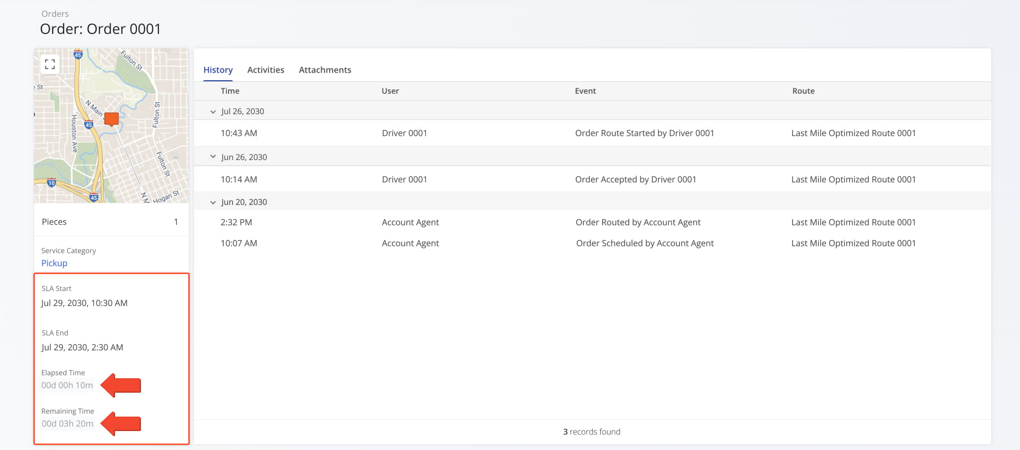 Scroll down the panel to view Service Type, SLA Start, SLA End, Elapsed Time, and Remaining Time.