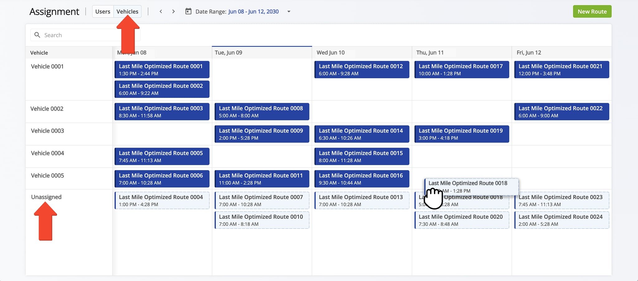 Use the Assignment Dashboard to easily assign vehicles to routes. 