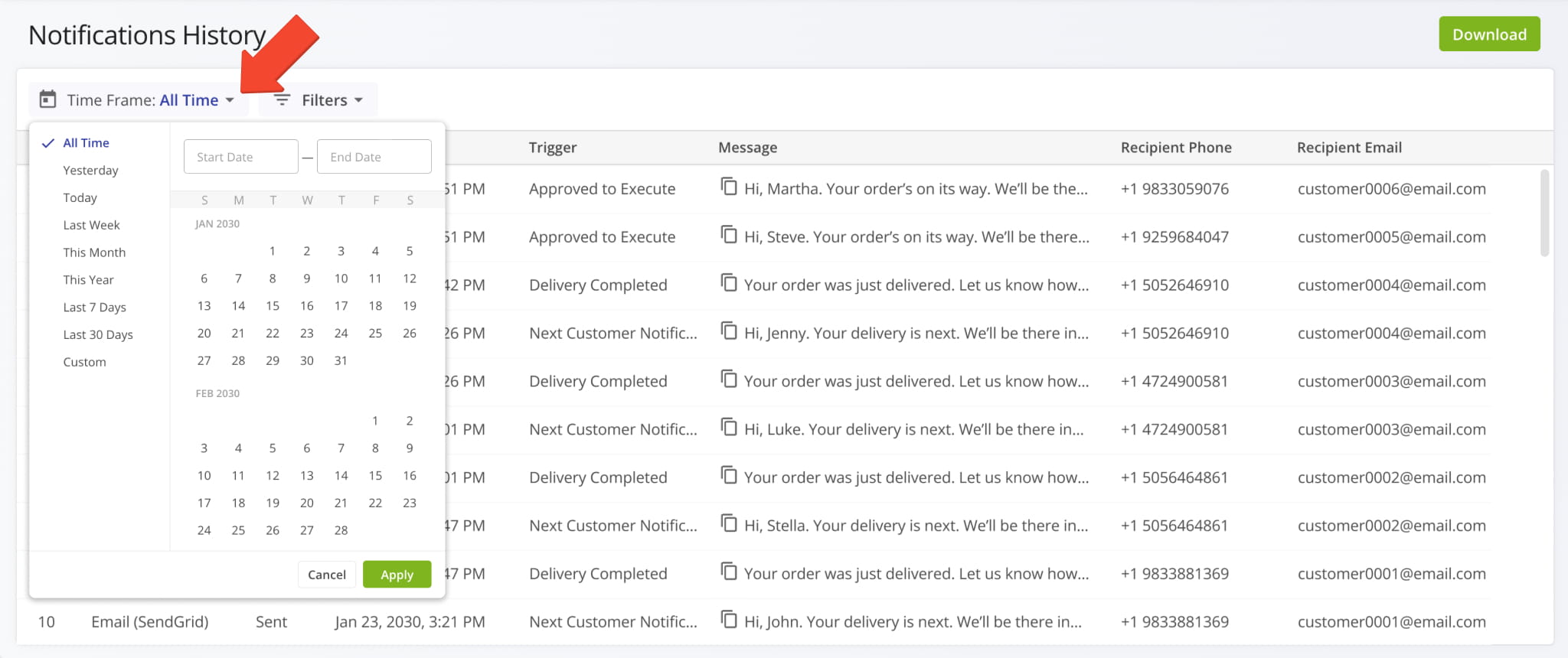 Filter notifications by date using the