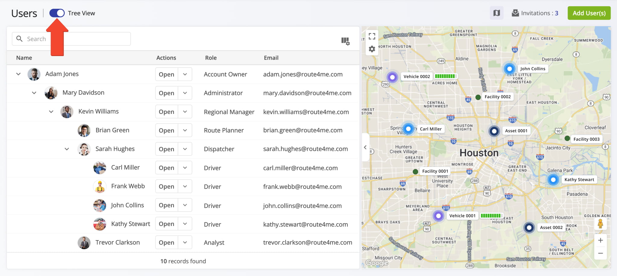 Enable Tree View to visualize your Route4Me Last Mile Transportation team hierarchy and reporting structure.