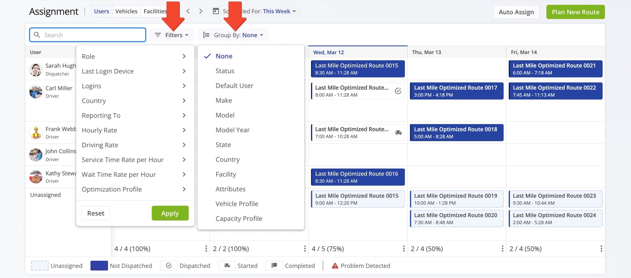 Use filters on the Assignment Dashboard to quickly and easily find the routes, users, and vehicles you need.