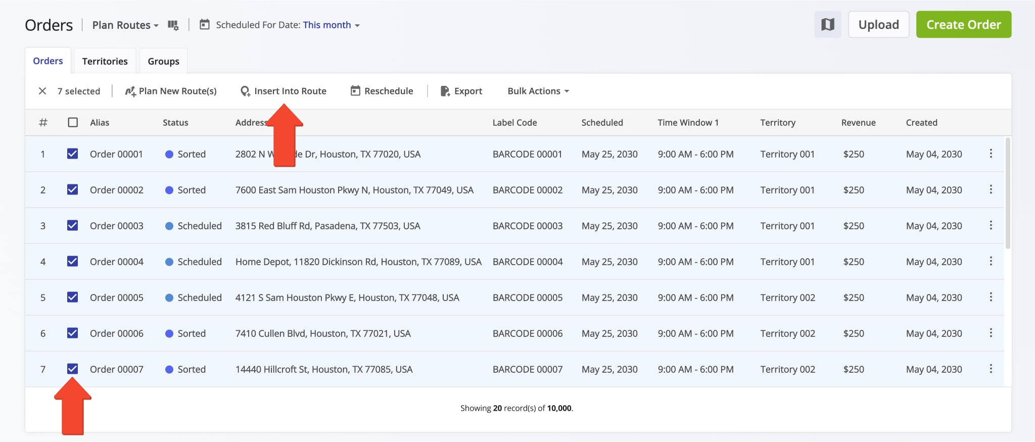 You can select orders and insert them into planned and optimized order routes.