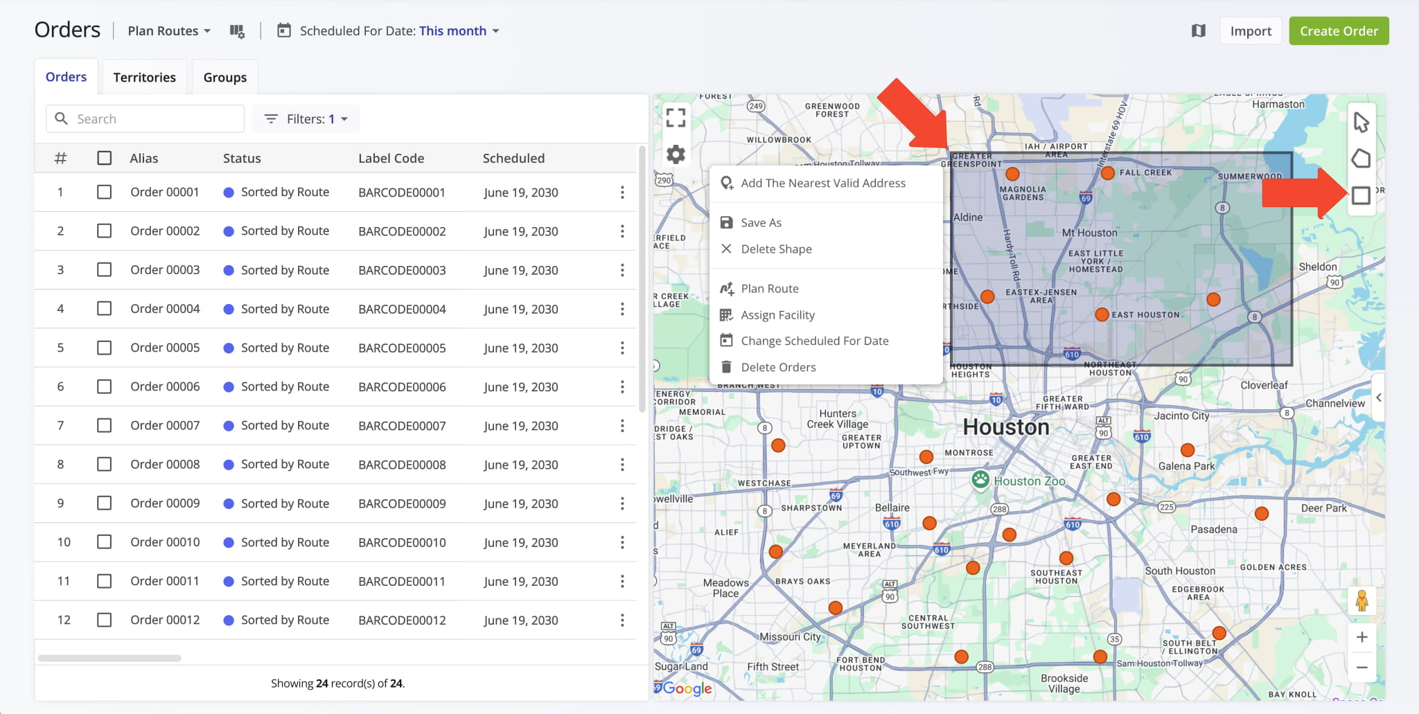 Bulk manage multiple orders on the Orders Map by drawing a shape and right-clicking it.