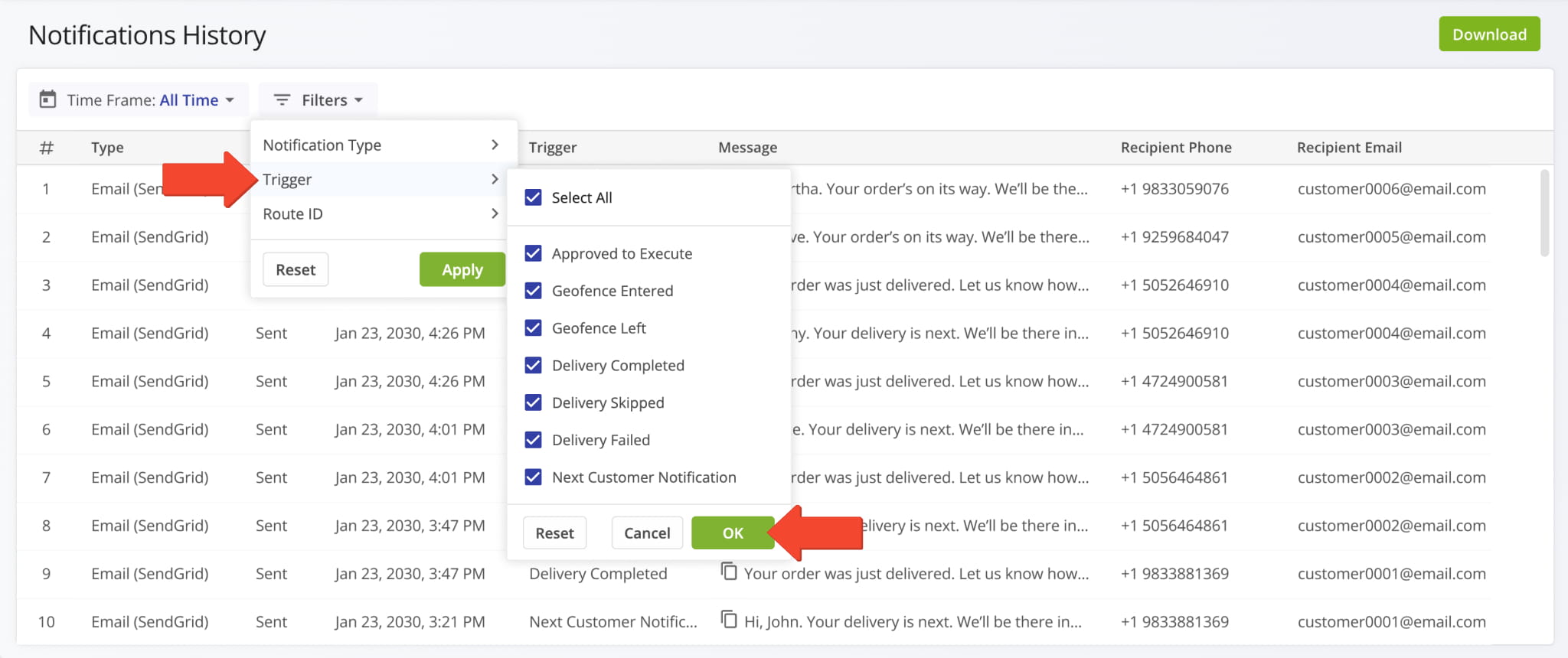Filter your notification history by Trigger, the action that initiated the notification.