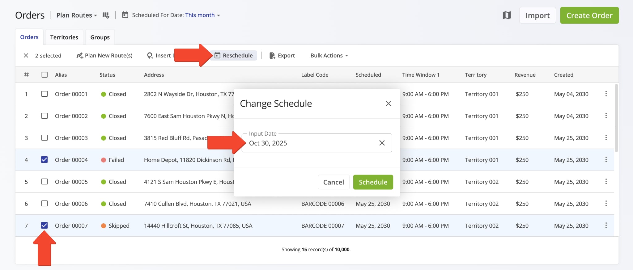 Reschedule Failed and Skipped orders to reuse them for route planning.