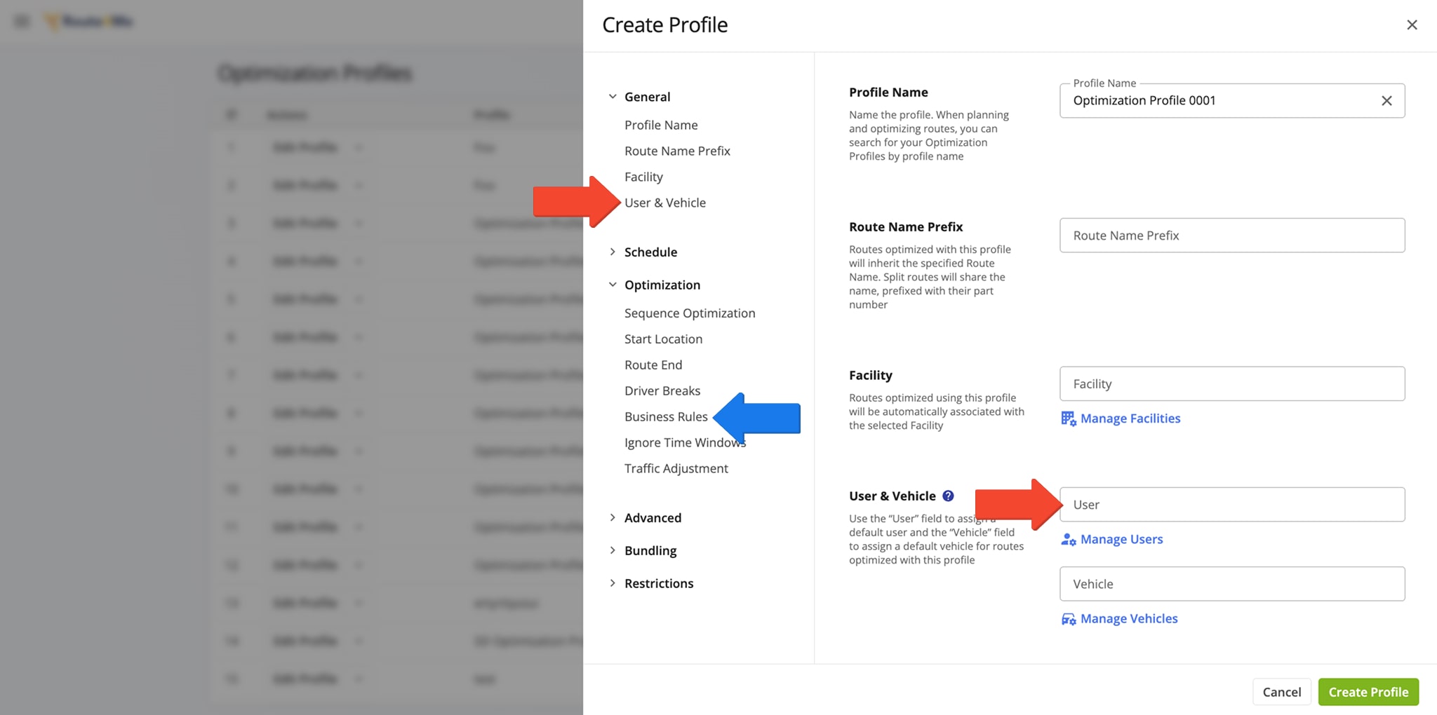 When you create or edit an Optimization Profile, you can assign a User in the 'User & Vehicle' tab in the 'General' section and specify route optimization constraints in the 'Business Rules' tab in the 'Optimization' section.