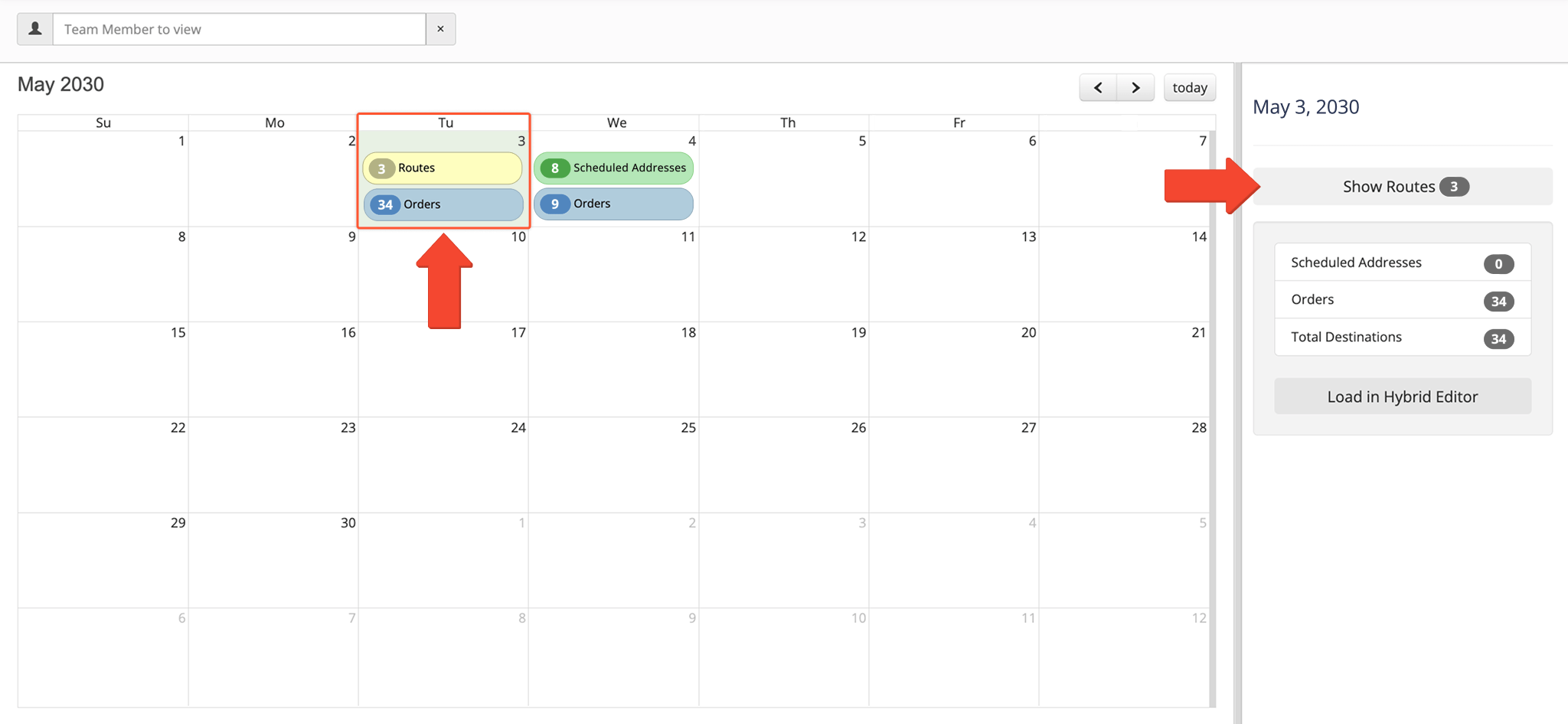 To open all routes that are scheduled for the same date on the Routes Map, select a date on the calendar and click the 'Show Routes' button.
