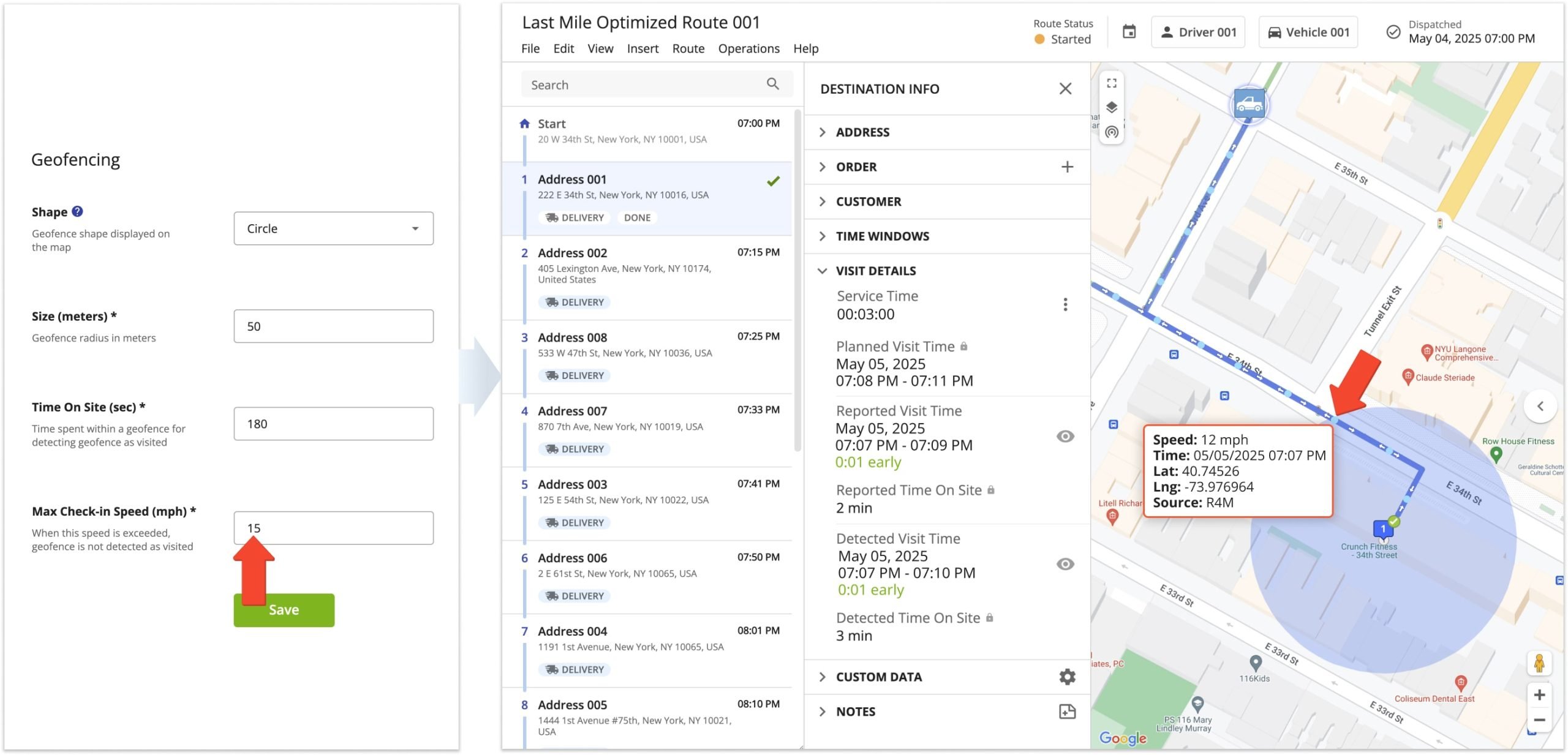 As an additional method of ensuring drivers are visiting your destination, you can set a 'Maximum Check-in Speed' for a destination to be detected as Visited.